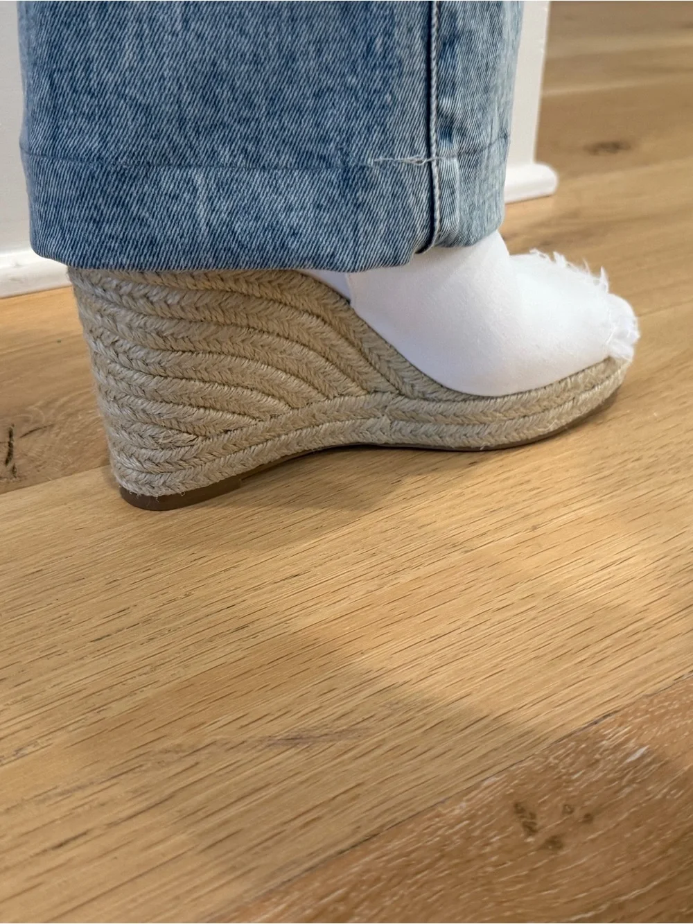 Liverpool White Frayed Espadrille Wedge Mules